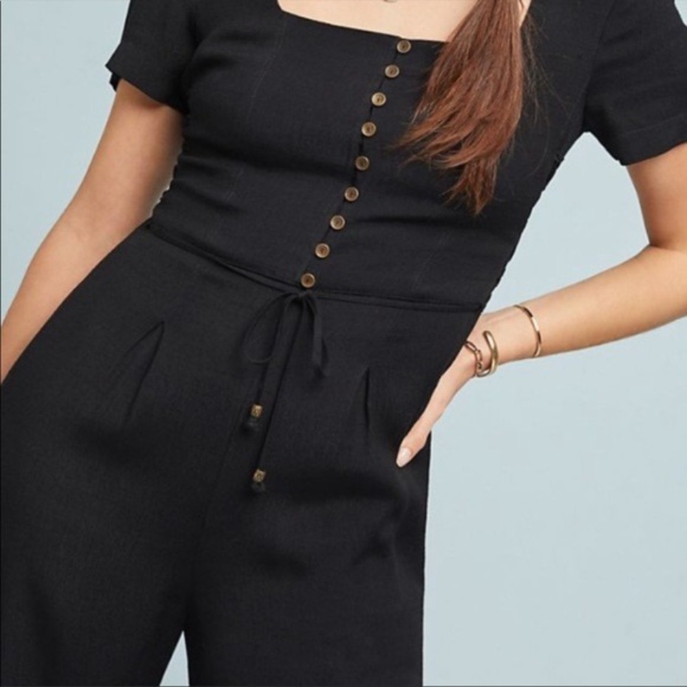 Maeve Anthropologie Black Square Neck Button Front Wide Leg Jumpsuit Size 4‎